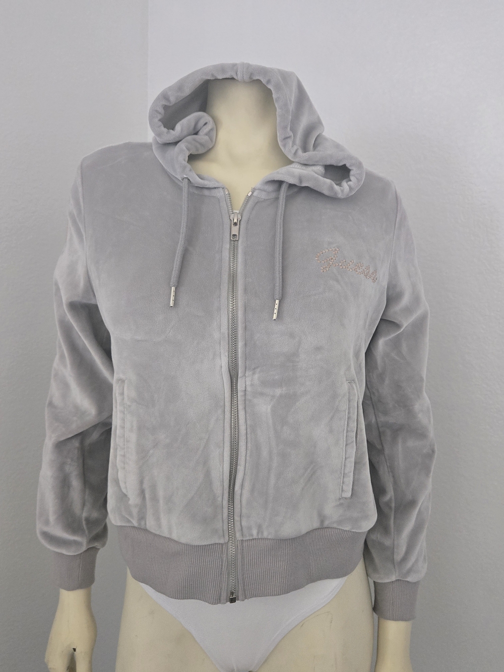 GUESS Women's Gray Velour Rhinestone Zip Up Hoodie Jacket Size M 2021